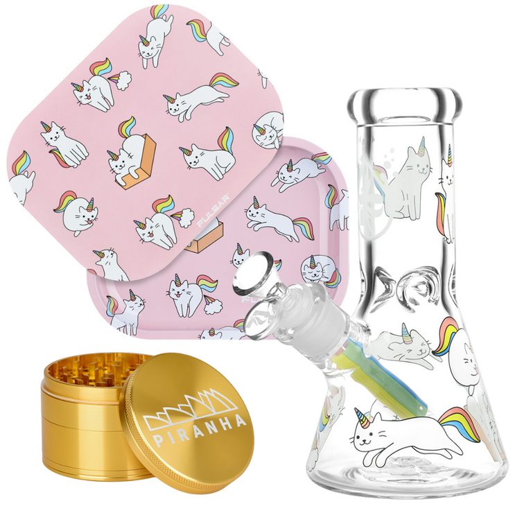 Caticorns Beaker Bong, Grinder, & Rolling Tray Bundle