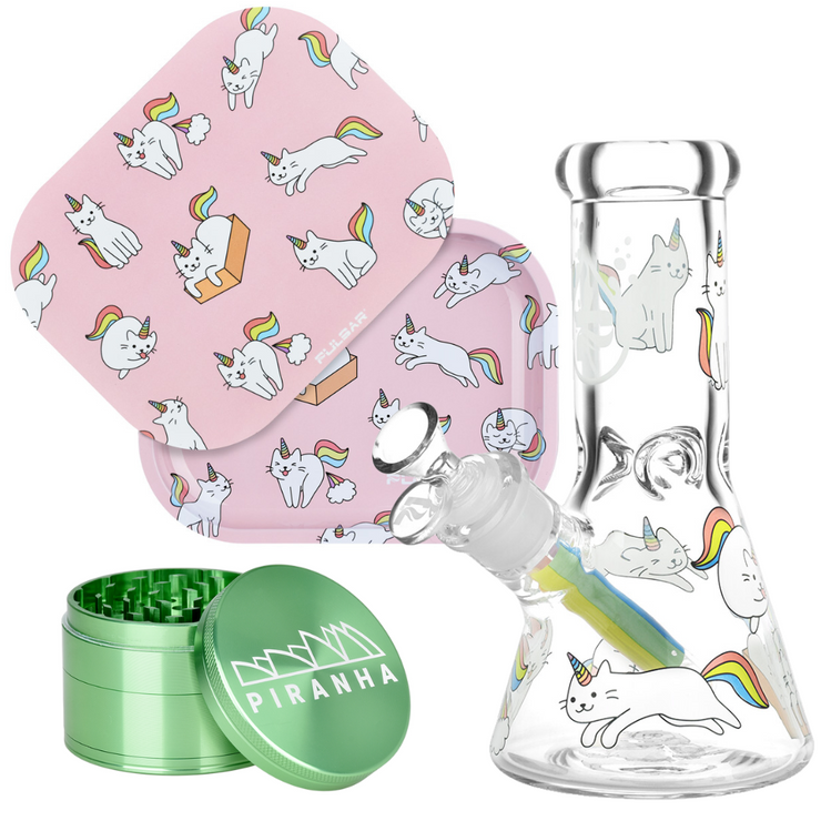 Caticorns Beaker Bong, Grinder, & Rolling Tray Bundle