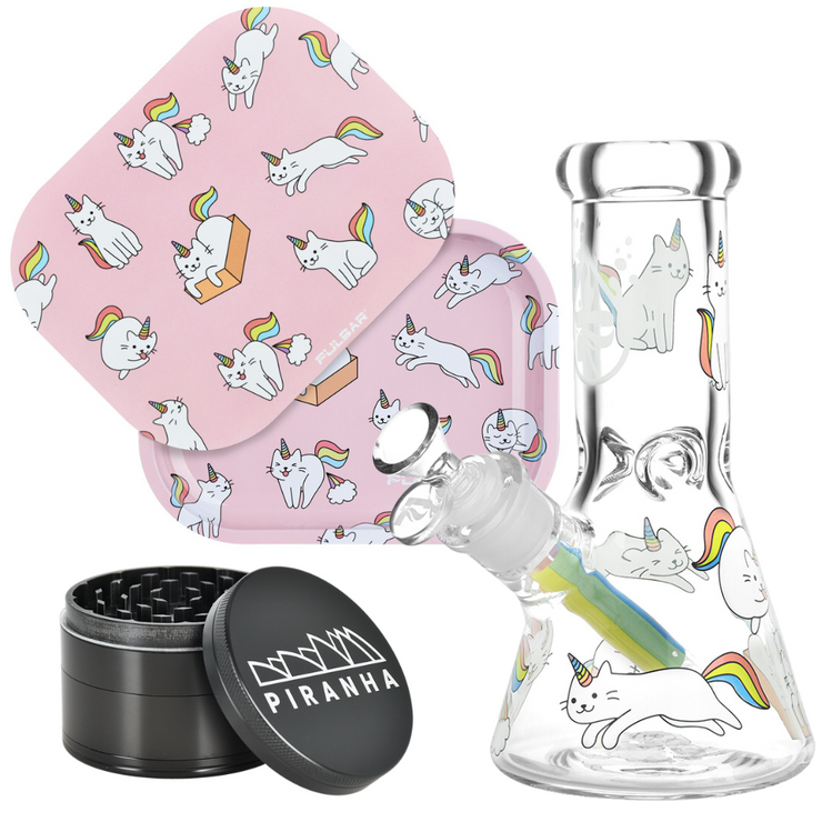 Caticorns Beaker Bong, Grinder, & Rolling Tray Bundle