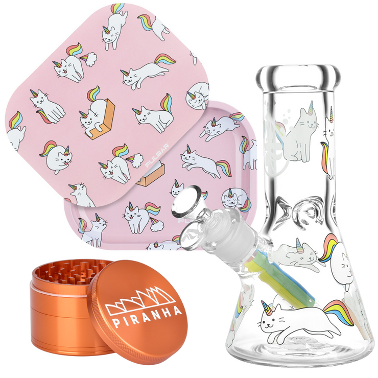 Caticorns Beaker Bong, Grinder, & Rolling Tray Bundle