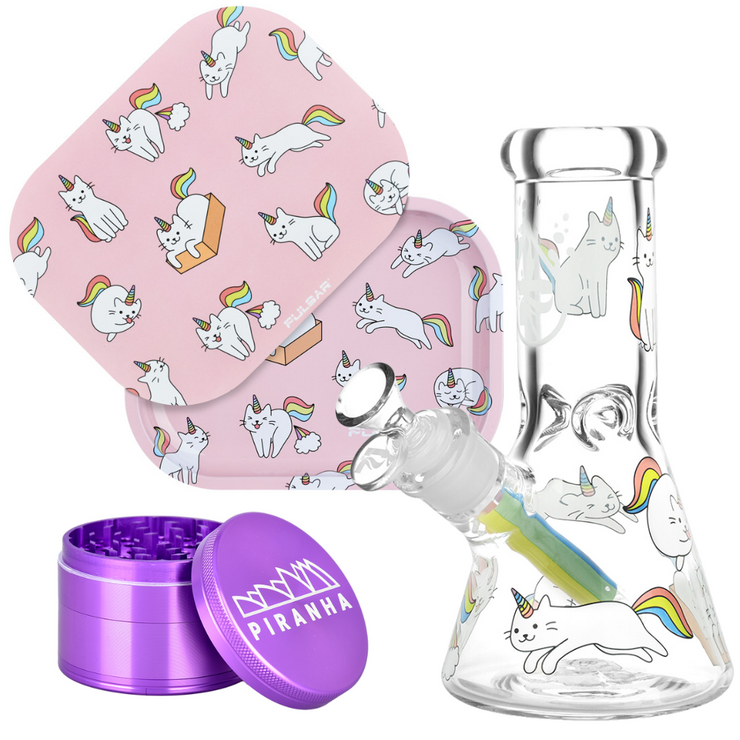 Caticorns Beaker Bong, Grinder, & Rolling Tray Bundle