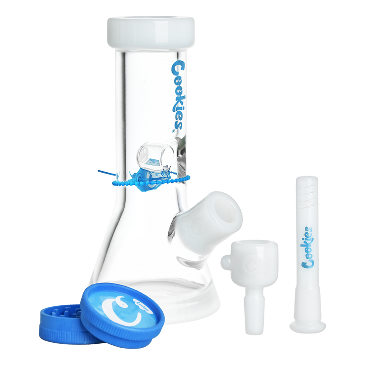 Cookies Mighty Mini Beaker Bong & Grinder Set | Clear & White Accents | Contents