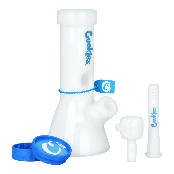 Cookies Mighty Mini Beaker Bong & Grinder Set | All White | Contents