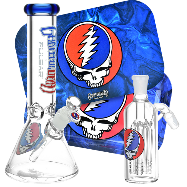 Grateful Dead Beaker Bong, Ash Catcher, & Rolling Tray Bundle