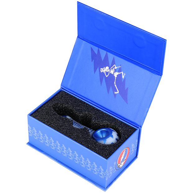 Grateful Dead x Pulsar Etched Spoon Pipe | Blue Sky Dancing Skellies | Gift Box Packaging Open View