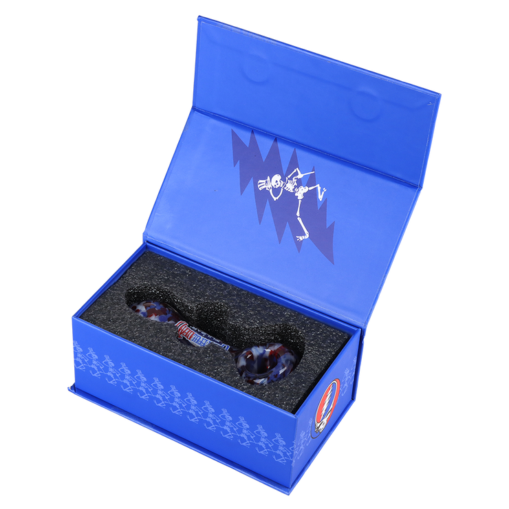 Grateful Dead x Pulsar Frit Spoon Pipe | Acid Rain | Luxury Gift Box Packaging Open View