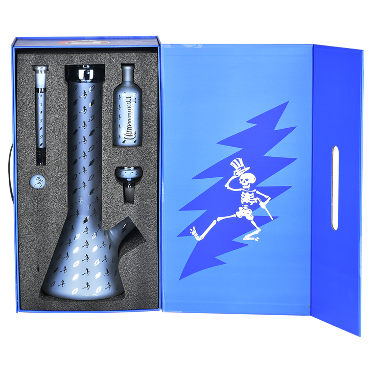 Grateful Dead x Pulsar Lightning Skellies Beaker Bong Set | Blue | Packaging Open View