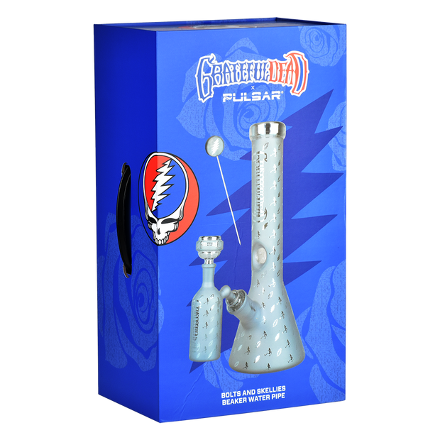 Grateful Dead x Pulsar Lightning Skellies Beaker Bong Set | Blue | Packaging