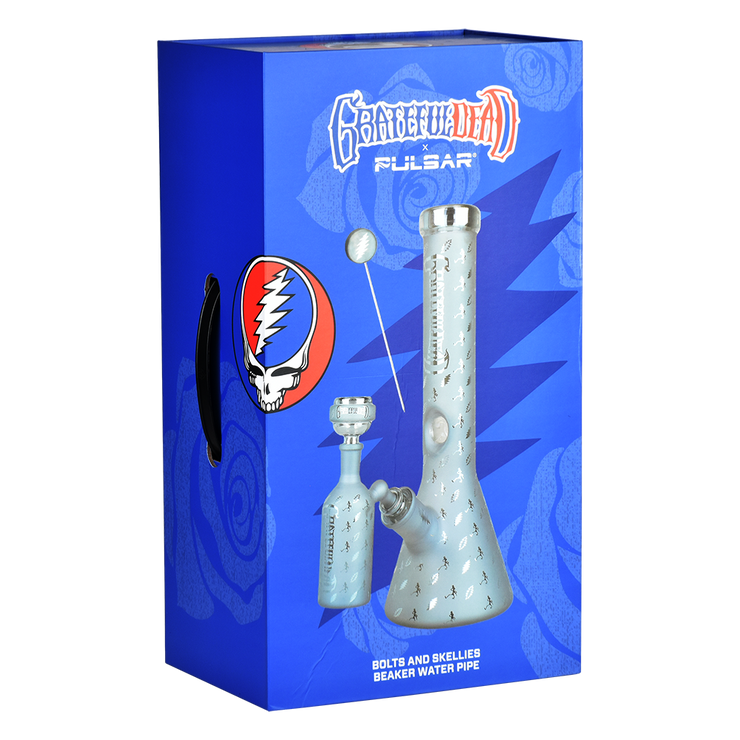 Grateful Dead x Pulsar Lightning Skellies Beaker Bong Set | Blue | Packaging