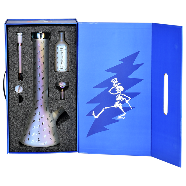 Grateful Dead x Pulsar Lightning Skellies Beaker Bong Set | Clear | Packaging Open View