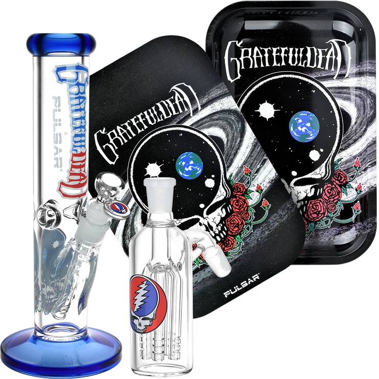 Grateful Dead Straight Tube Bong, Ash Catcher, & Rolling Tray Bundle