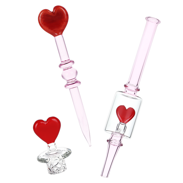 Pulsar Valentine's Love Dab Rig Set | Matching Heart Vortex Carb Cap, Dab Tool, & Dab Straw