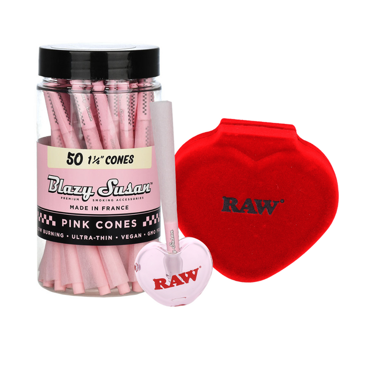 Blazy Susan Pre-Rolled Cones & RAW Rose Heart Cone Holder Bundle